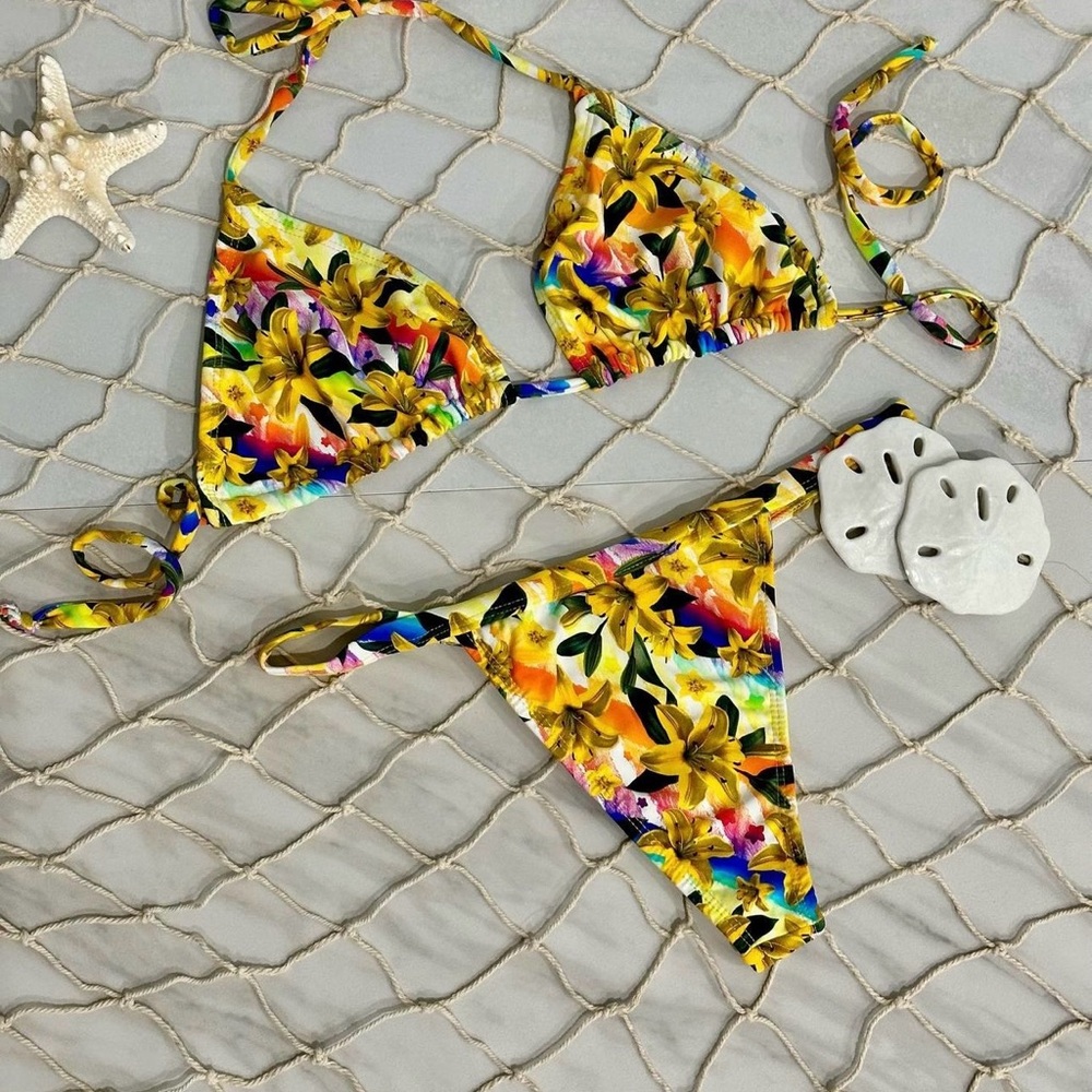 NEW SEXY Brazilian Yellow Floral Triangle Bikini Set